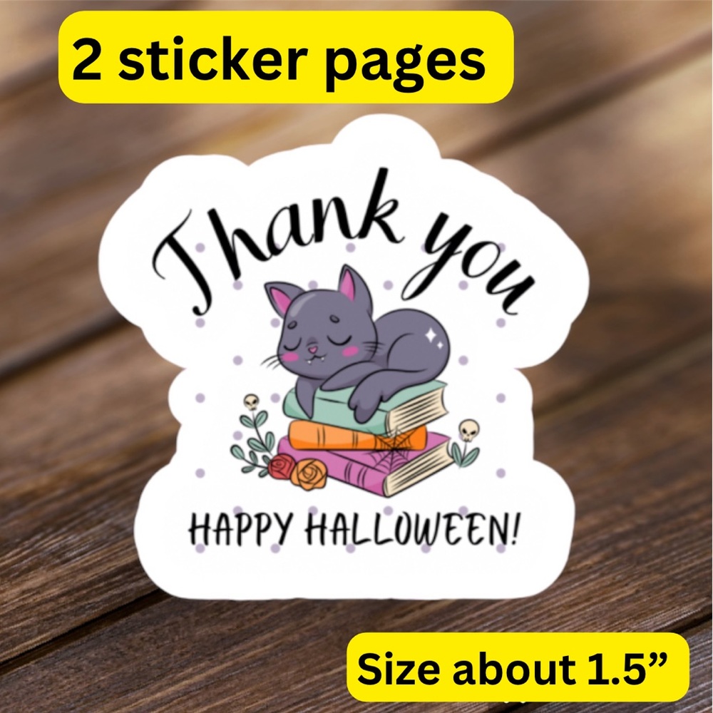 2 sticker pages thank you Halloween sleeping cat books stickers